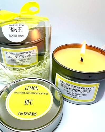 Image of Lemon Scented Soy Wax Candle - Handmade BFC - Lemon Scented 28 Hours Burn Time 4 Oz 100 Grams Soy Wax Candle Silver Brush Finish Tin. Lemon Scented