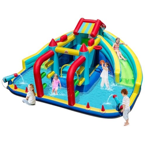 Image of COSTWAY Inflatable Water Park, Giant Kids Bouncy Castle Jumper House with Dual Slides, Obstacle Course, Water Cannons, Climbing Wall, Splash Pool, Ring Toss, 473 x 370 x 221cm (without blower)