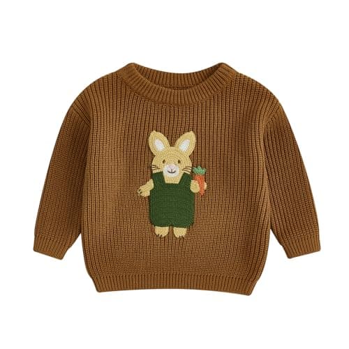 Image of Geagodelia Baby Boy Girl Easter Jumper Little Kids Bunny Knitted Sweater Long Sleeve Knit Pullover Tops Easters Outfits (Brown, 3-4 Years)