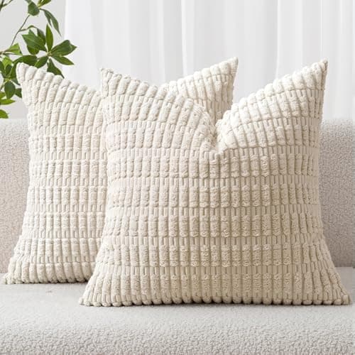 Image of MIULEE Cushion Covers 45x45 cm Corduroy Cream White Square Decorative Throw Pillow Covers 18x18 Inch Boho for Living Room Sofa Bedroom Pack of 2