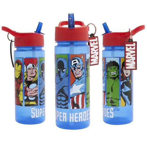 Image of Marvel Avengers 500ml Kids Water Bottles with Straw by Polar Gear Gifts for Boys - Back to School Supplies Boys Water Bottle - Avengers Water Bottle Keyring Charm, Blue