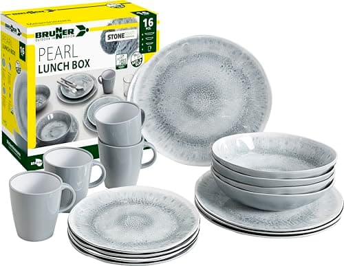 Image of Brunner Stonetouch Melamine Caravan Dinner Set, Anti Slip Outdoor Tableware Set, Lightweight Break Resistant Plates Bowls & Mugs - Camping, Motorhome, Picnic Dining Set (Pearl, 16 Piece Set)