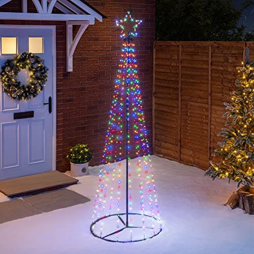 Image of Christow Maypole Christmas Tree, Light Up Outdoor Decoration, Flashing Multi Coloured Micro LED Pyramid Light, Mains Operated (2.1m)