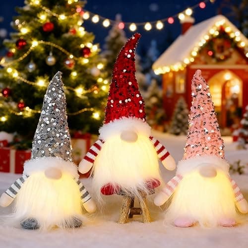 Image of 3PCS Light Up Gnome Christmas Decorations Santa Gnomes with Glitter Hat, Light Up Christmas Gonks Ornaments Elf Christmas for Xmas Decorations Indoor Holiday Table Home Decor (Red&Pink&Grey)