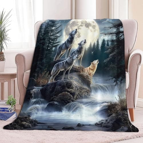 Image of CozyRest Premium Thermal Warm Queen Blanket, Super Soft Fleece Moonlight Forest Animal Wolf Sherpa Throw Blanket, Cozy Fluffy Lightweigh Blanket For Bed Sofa Couch Living Room Sofa Chair 180 x 200 cm
