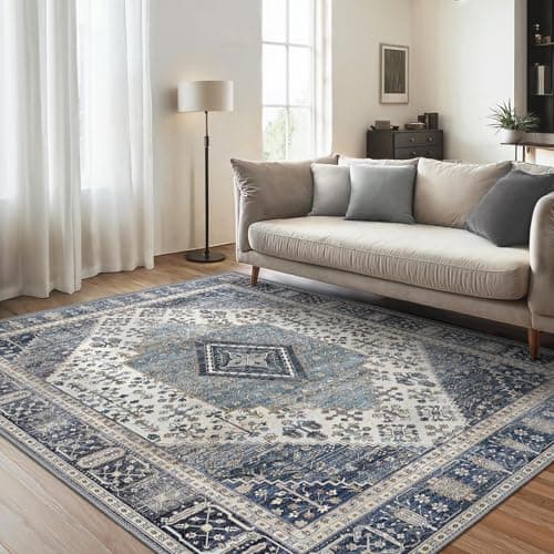 Image of GENIMO Rugs Living Room 160x230cm,Washable Large Boho Vintage Carpet,Non-Slip Durable Easy Clean Blue Rug for Living Room, Dining Room, Home Office