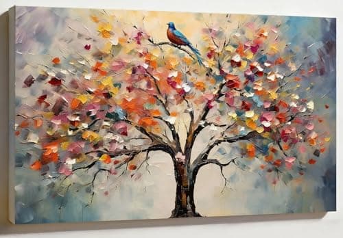 Image of PIGPIGFLY Tree of Life Canvas Wall Art - 30x40cm Framed Colourful Abstract Painting, Spiritual Wall Decor for Living Room & Bedroom