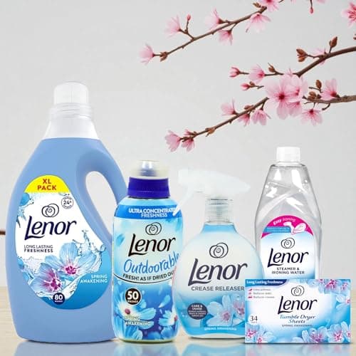 Image of Lenor Spring Awakening Complete Laundry Bundle – Pack of 5 (Fabric Conditioner 80+Outdoorable Fabric Softener 50 washes,Crease Releaser, Ironing Water & Tumble Dryer Sheets)