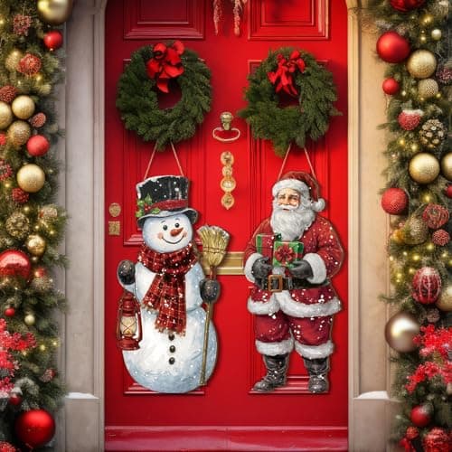 Image of Quzzil 2 Pcs Christmas Welcome Hanging Signs Wooden Santa Claus Snowman Door Sign Christmas Winter Porch Decor Wooden Hanging Sign Wall Plaque Xmas Decoration for Fireplace Home Indoor Outdoor Decor