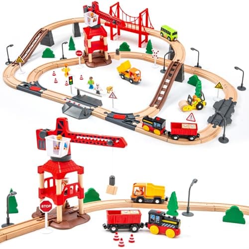 Image of 86pcs Wooden Train Set with Crane, Wooden Train Track Set Railway Kits Fits Thomas Brio IKEA Melissa and Doug, Christmas Train Toys for Kids & Toddlers 3-5 Years Old Boys and Girls
