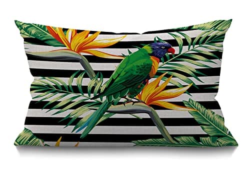Image of BGBDEIA Cushion Cover Parrot Bird Floral Exotic Tropical Plants Black and White Stripe Rectangular Throw Pillow Cover for Couch Sofa Home Decor Cotton Linen 12x20 Inch 30 x 50 cm