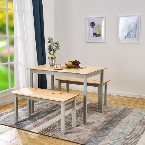Image of Panana Solid Wooden Pine Dining Table and Bench Set Dining Kitchen Home Furniture (Grey, With 2 Benches)