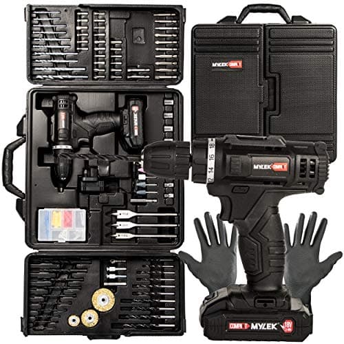 Image of MYLEK MYBMC092 18V Cordless Drill Electric Screwdriver DIY Combi Set, Lithium Ion Battery Pack, 151 Piece Tool Accessory Set and Carry Case with Work Gloves