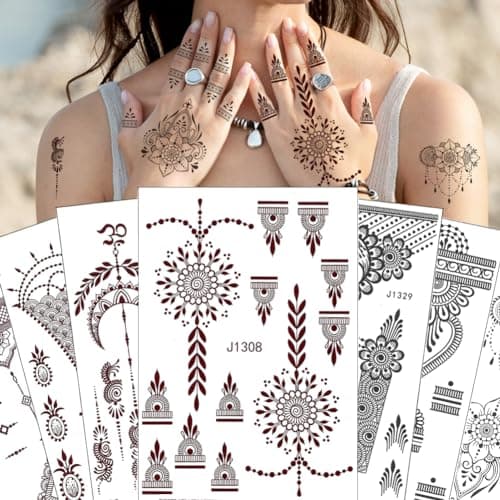 Image of XMASIR 12 Sheets Black Brown Temporary Tattoo Sticker For Women Girls, Waterproof Fake Tattoos Kit Indian Mandala Flower Tattoo Stencils For Wedding Party Festivel