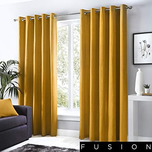 Image of Fusion Sorbonne Ochre Eyelet Curtains – W229 x L183cm (90 x 72") – 100% Cotton Thermal Drapes for Bedroom & Living Room – 2 Panels – Yellow Door Curtains