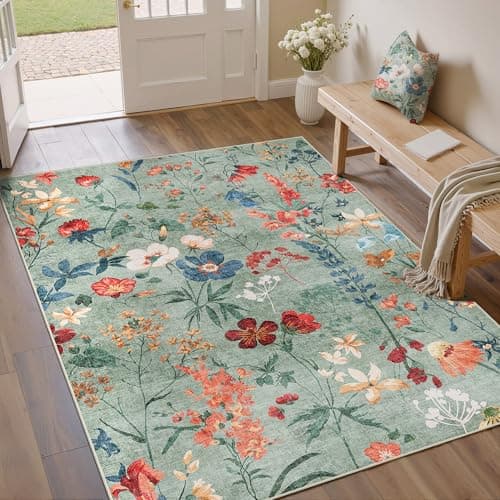 Image of HUGEAR Rugs Living Room Green Washable Flower Area Rug 120x170cm Non Slip Boho Natural Modern Floral Large Carpet Dining Room Bedroom Kitchen Hall Lounge Office Low Pile Soft Carpets