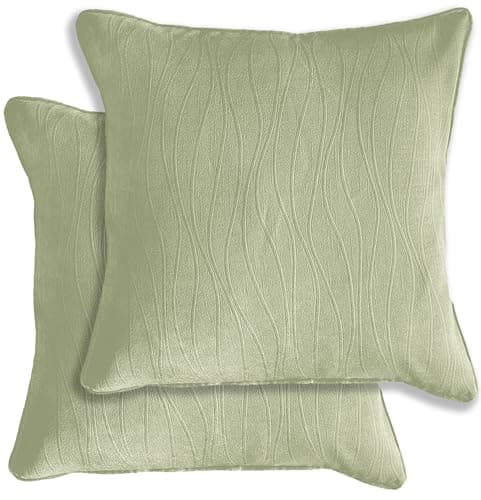 Image of Enhanced Living Pair of Goodwood Green Textured Wave Pattern Cushion Covers 43x43cm – Embossed Wave Design with Piped Edge – Double-Sided, Zip Opening – Covers Only, No Inserts