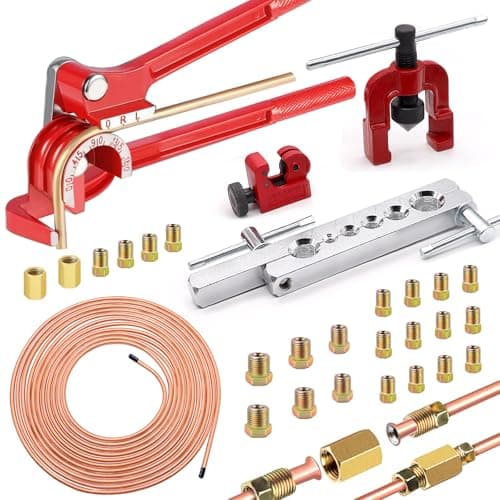 Image of mxuteuk 26Pack 3/16 Inch Brake line kit Include 25 FT Copper-Plated Brake Lines with Fitting(16pcs Fittings,2pcs Union+4pcs Nut) Brake line Bender,Single Flare Tool,Cutter 3/16 Inch Brake line kit