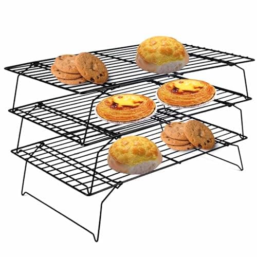 Image of QISF 3 Tier Cooling Rack for Baking, 40x25cm Non Stick Wire Cooling Rack，Collapsible Baking Tools - Ideal for Cakes, Muffins, Pizza & Grilling，Compatible with Bakeware Oven Tray