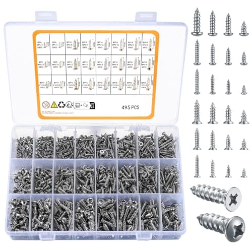 Image of 495Pcs Self Tapping Screws Assortment Set, M3/M4/M5/M6 Stainless Steel Sheet Metal Screws, Phillips Drive Wood Screws Set for Deck Drywall Concrete Screws(220pcs Flat Head, 215pcs Round Head)