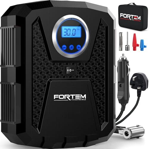 Image of FORTEM Car Tyre Inflator 150 PSI, Air Compressor, 230V AC 12V DC Electric Air Pump for Car Tires, Digital Tire Pump w/Auto Pump/Shut Off, Carrying Case