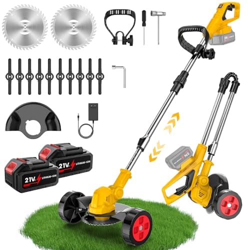 Image of Cordless Strimmer with Support Wheels, Foldable Grass Trimmer 21V, 500W Brush Cutter with 2x 3.0Ah Batteries, 12 Blades, 90° Head, Telescopic Lawn Edger, Compatible with Makita 18V Battery, Garden