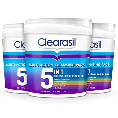 Image of Clearasil 5-In-1 Multi-Action Cleansing Salicylic Acid Pads, Face Exfoliating For Acne Prone Skin, Unblock Pores, Reduces Blackheads, Pimples & Excess Oil, Everyday Spot Prevention, 65 Each x 3