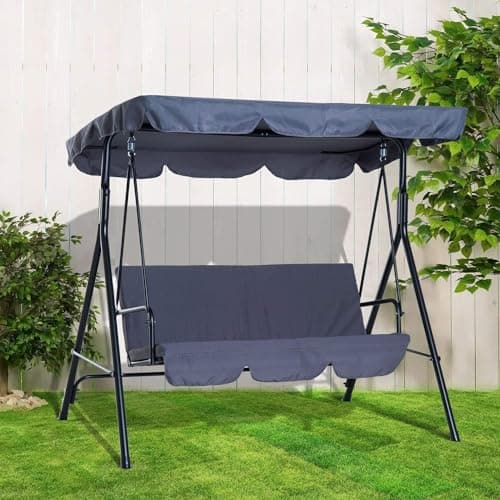 Image of 3 Seater Garden Swing Chair - Seat Hammock Swinging Metal Terrace Canopy Bench | Swing Chair Awning Glider 3-seater, Relaxing Outdoor Garden Furniture (Grey)