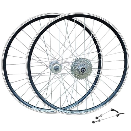 Image of Madspeed7 QR 26" (ETRTO 559x19) Mountain MTB Bike Wheel Set + 8 Speed Freewheel (11-32t) – Rim & Disc Brake Compatible – Sealed Bearings Hubs (Very Smooth Hubs) – Double Wall – 32x Silver Spokes