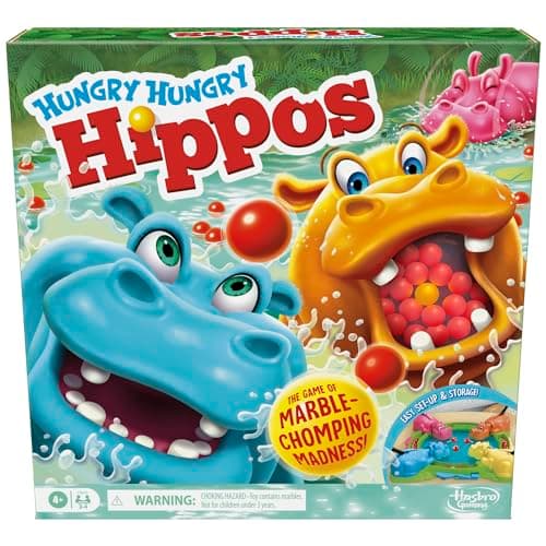 Image of Hasbro Gaming Hungry Hungry Hippos Game for Preschoolers | Instant Marble Relaunch, Easy Set-Up & Storage| Ages 4 and Up | 2 to 4 Players | Kids Games