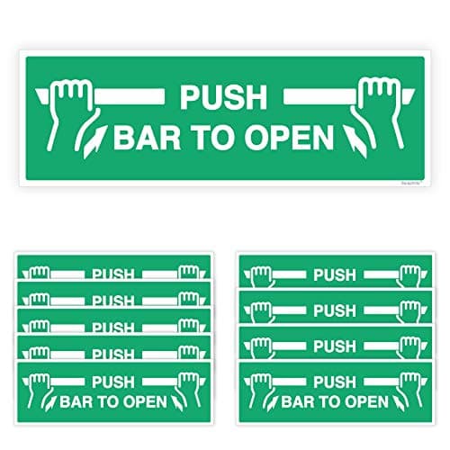 Image of Pack of 10 Push Bar to Open Sign Self Adhesive (300 x 100 mm) Waterproof Landscape Push Bar to Open Sign Sara Prints®