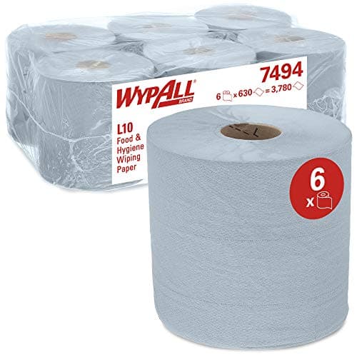 Image of WypAll L10 Food & Hygiene Wiping Paper 7494 - Centrefeed Roll for Roll Control and ReachPlus Dispensers - 6 Blue Rolls x 630 Paper Wipers (3,780 Total)