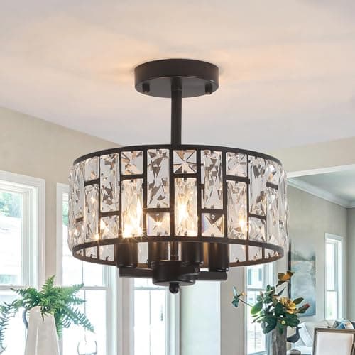 Image of Rviezza Black Crystal Ceiling Lights, 4-Light E14 Modern Crystal Chandelier, Semi Flush Mount Chandeliers Ceiling Light for Living Room, Dining Room, Kitchen, Hallway