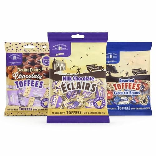 Image of Walkers Nonsuch Toffee and Eclairs Variety Pack, Individually Wrapped British Sweets, 3 Bags (435g) Milk Chocolate Eclairs, Assorted Toffees, Double Dipped Chocolate Toffees