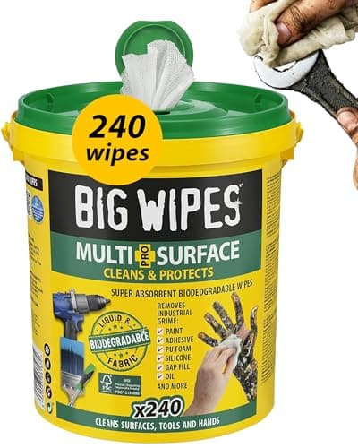 Image of Big Wipes Multi-Surface Cleaning Wipes – Absorbent Surface & Hand Wipes – 4 Power Solvents & 4 Skin Conditioners – Industrial Cleaning Products – Heavy Duty Hand Cleaner – Dispenser Bucket x240