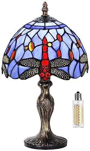 Image of MIAOKE Table Lamp Stained Glass Crystal Bead Style Table Light, Handmade Desk Bedside Table Night Lamp, Antique Art Craft Gifts Lover Kid Living Room Bedroom Study Bookcase Desk Ligh(Blue Dragonfly)