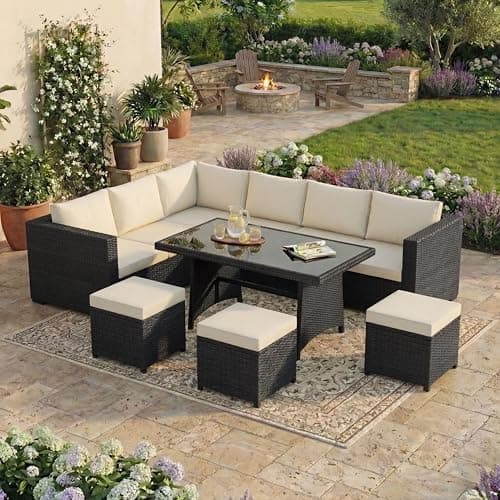 Image of Garden Vida Belgrave 9 Seater Rattan Set | Black | Complete Outdoor Garden Dining Table Set | Steel Frame & PE Wicker | UKFR Certified | Weather Resistant, Tempered Glass, and with Cushions