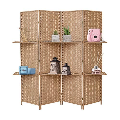 Image of INMOZATA Room Divider with Shelves, 4 Panel Craft Paper Woven Room Divider Free Standing, Folding Screens and Room Dividers Screen Privacy Panel for Office Bedroom Restaurant, 160 * 170cm (Natural)