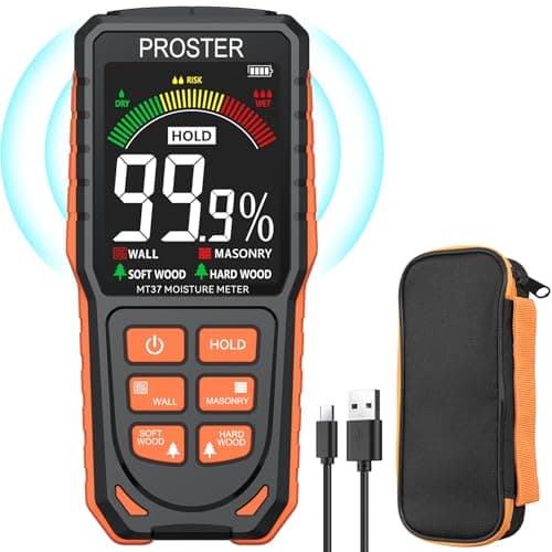Image of Proster Pinless Damp Meter - Rechargeable Moisture Meter for Walls with LCD Screen Sound Light Alarm Non-Invasive Moisture Detector Detects up to 19mm Dampness Meter for Wall Masonry Hardwood SoftWood