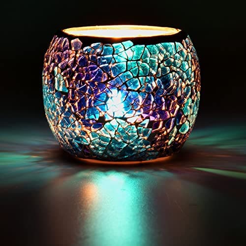 Image of Larcenciel Mosaic Glass Candle Holder/Tea Light Holder/Vase/Pen Holder, Romantic Handmade Shattered Glass Tea Light Candle Shade/Potted Plants Bowl for Home Decoration Wedding Party (Blue)