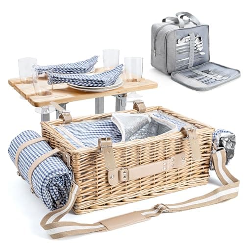 Image of Wovanew Wicker Picnic Basket Set for 4 with Detachable Table, Cutlery Bag, Insulated Cooler bag, Waterproof Blanket for Camping, Beach, Outdoor Travel,Wedding Gifts (blue grid)
