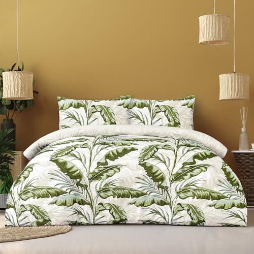 Image of Sleepdown Tropical Leaf Green Duvet Set, Super Soft, Reversible Design, Button Fastening, 100% Polyester Microfibre King Duvet Cover (230 X 220 CM) Bedding Set with Pillowcase & Fitted Sheet