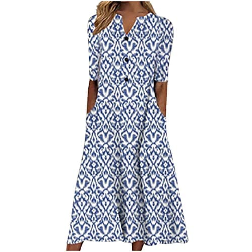 Image of Midi Dresses for Women UK Short Sleeve V Neck Button Floral Dress Summer Casual Loose Fit Long Dresses with Pockets Comfy Lounge T Shirts Dress Beach Holiday Plus Size Elegant Sundress Sale