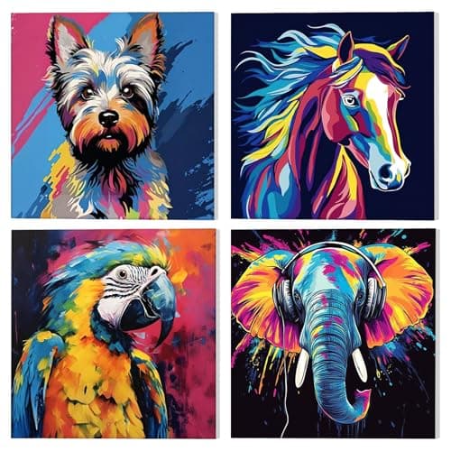 Image of NAIMOER 4 Pack Framed Paint by Numbers Colorful Animals for Adults Kids, DIY Dog Horse Painting by Numbers Elephant Parrots with Wooden Frame, Art on Canvas Gifts Home Wall Decor 8x8in