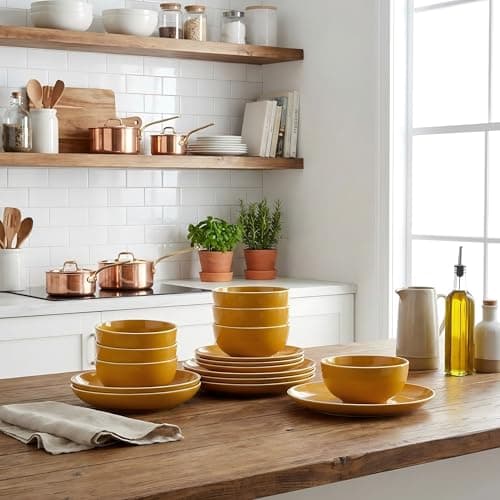 Image of Waterside - 12 Piece Saffron Yellow Stoneware Dinner Set; 4 Dinner Plates, Side Plates & Deep Bowls - Dishwasher & Microwave Safe
