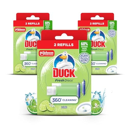 Image of Duck Fresh Discs Toilet Cleaner Refill Twin Pack, Fights Stains That Harbour Germs, Prevents Limescale Build Up, Lime, Pack of 3 (Total of 6 Refill Tubes)