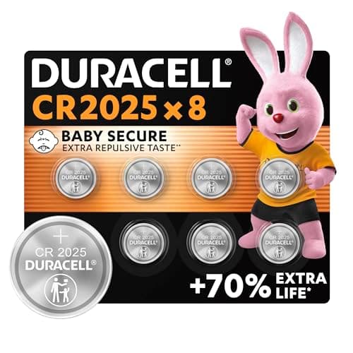 Image of DURACELL 2025 Lithium Coin Batteries 3V (8 Pack) - Up to 70% Extra Life - Baby Secure Technology - For Use in Key Fobs, Fitness Watches and 3D Glasses - Baby Secure Packaging