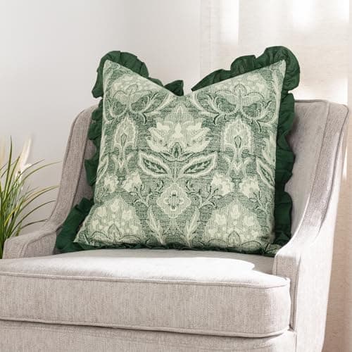 Image of Paoletti Kirkton Floral Pleat Fringe Feather Filled Cushion - Twin Pack, Bottle Green, 50 x 50cm