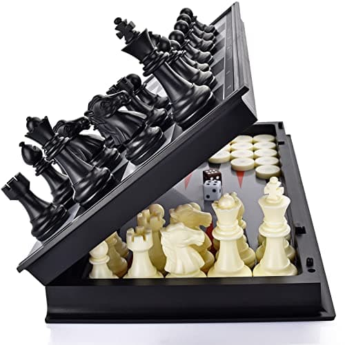 Image of OkidSTEM 3 In 1 Magnetic Chess Draughts Backgammon Game Set, Travel Chess Game with Folding Board & 2 Extra Queens & Storage Bag for Pieces, Educational Board Game Gift for Kids & Adults