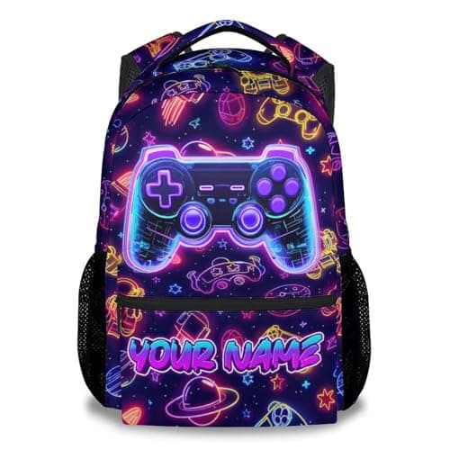 Image of GiftoFLUX Personalised Boys Gaming Backpack - 17 Inch School Rucksack with Name Customisation for Kids and Teenagers, Cool Youth Bookbag for Primary & Secondary School,Machine washable